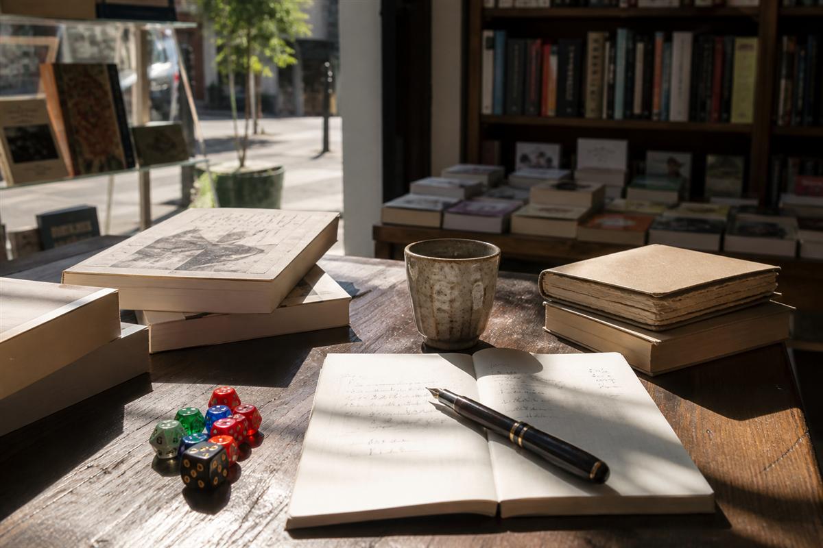 Books, paper and tabletop dice in sunlight