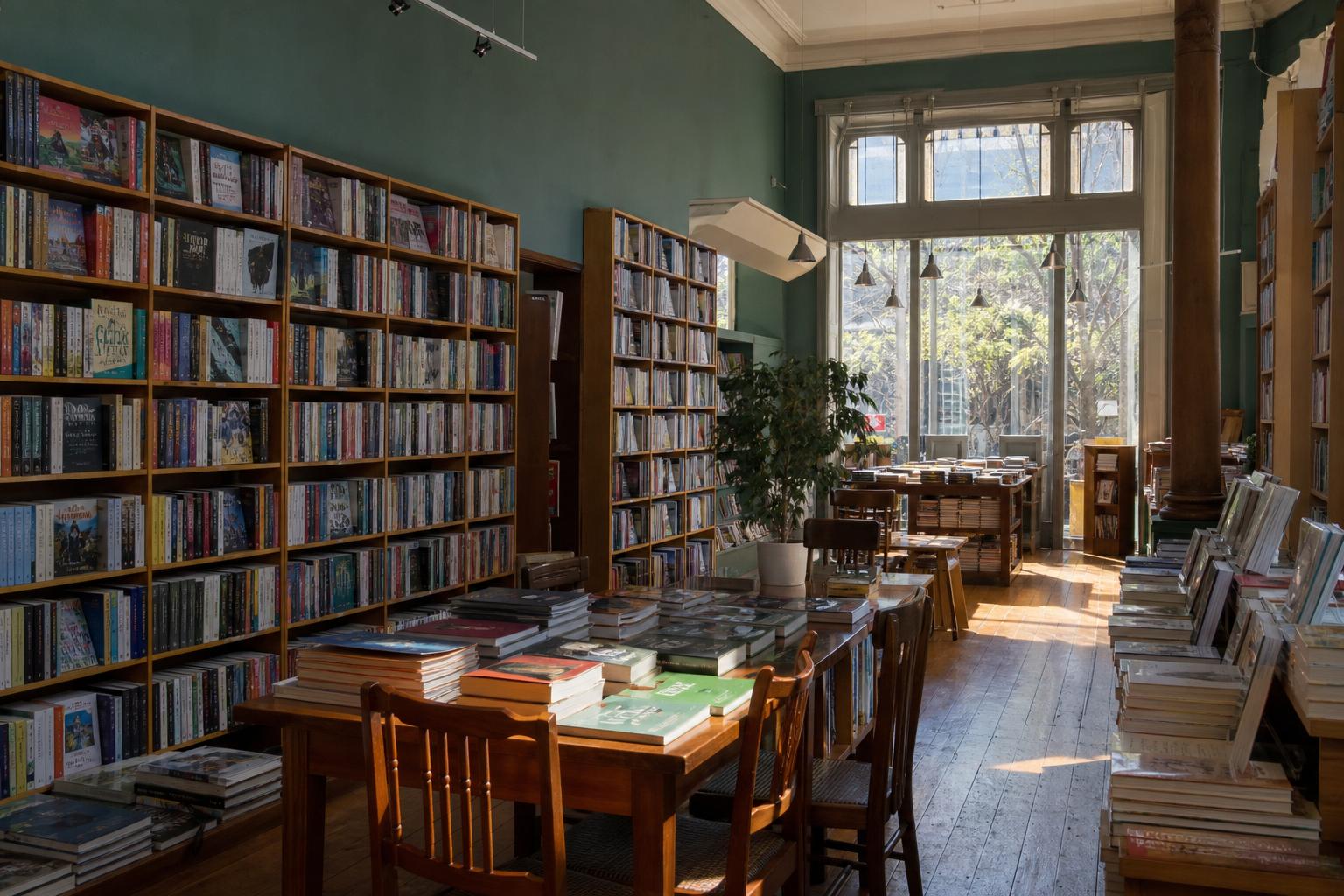 Sunlit shelves and tables inside Quill & Andes